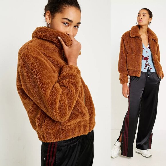 URBAN OUTFITTERS Teddy Cropped Jacket in Light Brown (Large) - Picture 3 of 13